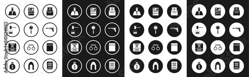 Set Subpoena, Magnifying glass with search, Judge gavel, Lawyer, attorney, jurist, Pistol gun silencer, Lawsuit paper, Plastic bag ziplock and Wanted poster icon. Vector