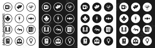 Set Cocktail, Glass of champagne, Necklace on mannequin, Coffee cup and heart, Bow tie, Heart, Marriage contract and Home stereo with two speakers icon. Vector