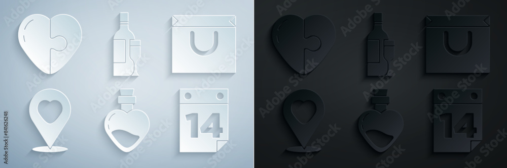 Φωτογραφία Set Bottle with love potion, Shopping bag, Location heart, Calendar February 14, Champagne bottle and Heart icon