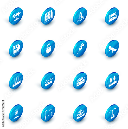 Set Shooting gallery, Rocket ship, Volleyball net with ball, Kid playground slide pipe, Swedish wall, Sand bucket, Skateboard trick and Toy horse icon. Vector