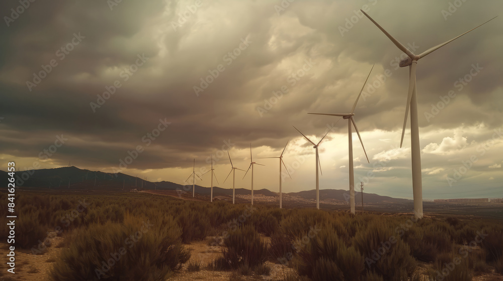 Obraz premium Wind turbines under a moody cloudy sky in a vast landscape