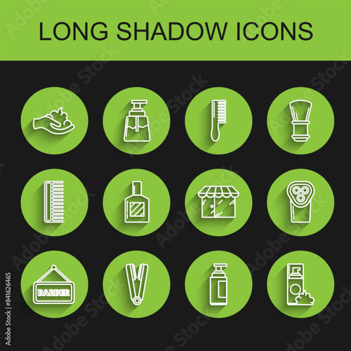Set line Barbershop, Curling iron for hair, Shaving gel foam hand, Cream lotion cosmetic tube, Aftershave, Electrical clipper shaver and building icon. Vector