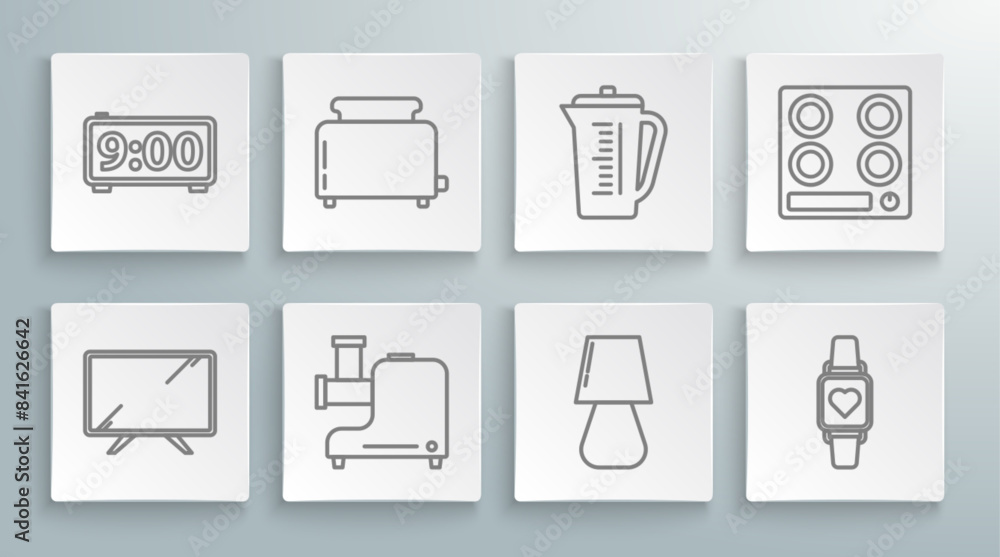 Set line Smart Tv, Toaster with toasts, Kitchen meat grinder, Table lamp, watch showing heart beat rate, Measuring cup, Gas stove and Digital alarm clock icon. Vector Set line Smart Tv, Toaster with toasts, Kitchen meat grinder, Table lamp, watch showing heart beat rate, Measuring cup, Gas stove and Digital alarm clock icon. Vector