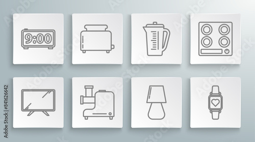 Set line Smart Tv, Toaster with toasts, Kitchen meat grinder, Table lamp, watch showing heart beat rate, Measuring cup, Gas stove and Digital alarm clock icon. Vector