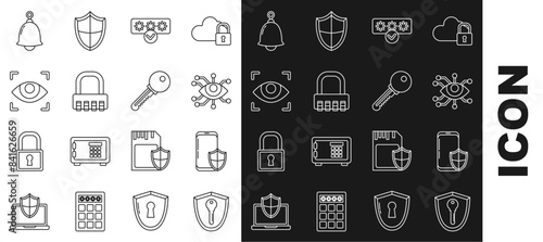 Set line Shield with key, Smartphone security shield, Eye scan, Password protection and safety access, Safe combination lock, Ringing bell and Key icon. Vector