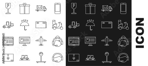 Set line Support operator in touch, Scooter delivery, Post truck, Umbrella and rain drops, Forklift, Fragile broken glass symbol and Envelope icon. Vector