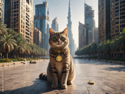 a millionaire cat standing with bitcoin at burj khalifa photo