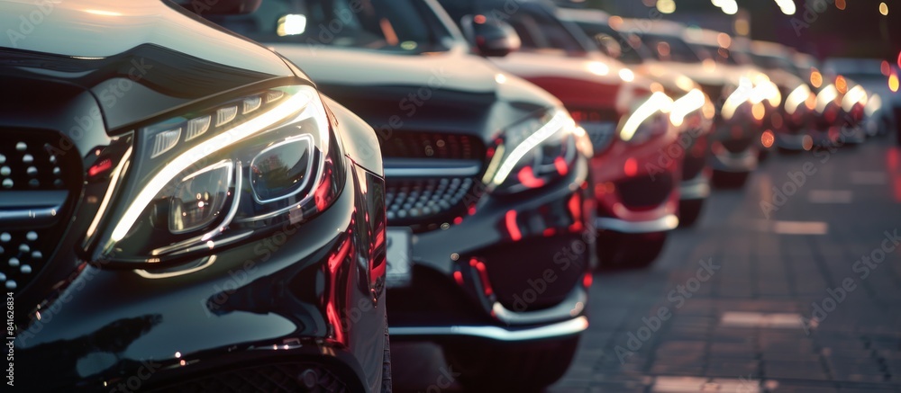 Luxury cars parked in a row during sunset, showcasing sleek design and elegant headlights. The vehicles exude prestige and modernity in an urban setting, reflecting highend automotive technology Luxury cars parked in a row during sunset, showcasing sleek design and elegant headlights. The vehicles exude prestige and modernity in an urban setting, reflecting highend automotive technology