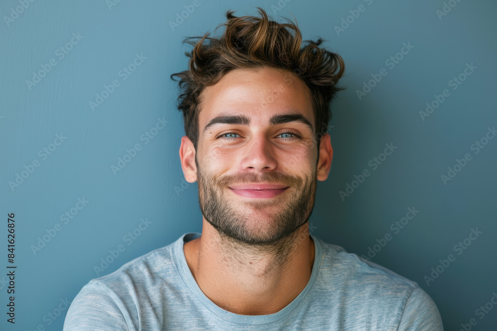 A close up portrait of a young man with a subtle smile A close up portrait of a young man with a subtle smile