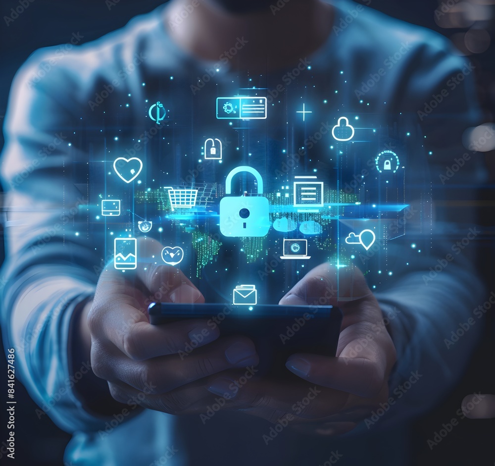 A person holding an iPhone with icons representing security and data protection around it, such as lock symbols or clouds A person holding an iPhone with icons representing security and data protection around it, such as lock symbols or clouds