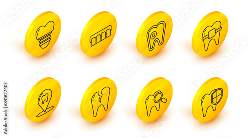 Set line Dental protection, search, Broken tooth, clinic location, Teeth with braces, Tooth caries, Dentures model and implant icon. Vector