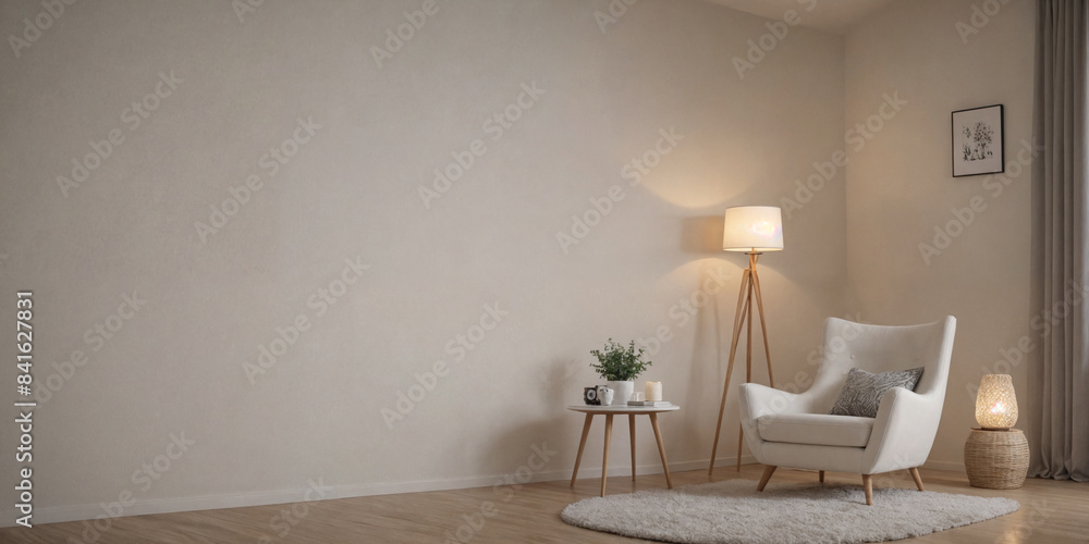 Fototapeta premium Modern retro concept of home interior at night with design sofa, armchair, coffee table, plants, carpet and personal accessoreis. Stylish home decor of living room.