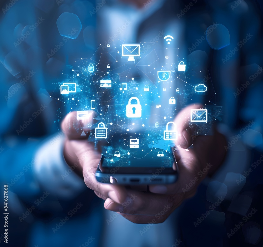 A person holds a smartphone with security icons floating above it, symbolizing the idea of data protection and cyber safety in modern technology A person holds a smartphone with security icons floating above it, symbolizing the idea of data protection and cyber safety in modern technology