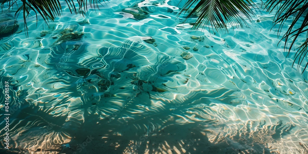 Obraz premium shallow turquoise water with palm tree shadows, the tree is not in the frame of the image, summer background