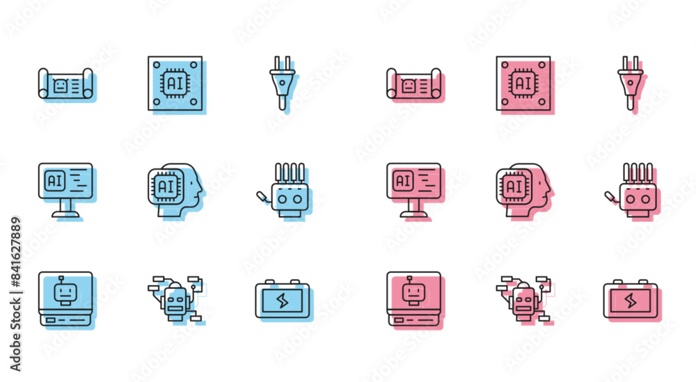 Set line Robot, blueprint, Battery, Humanoid robot, Mechanical hand, Software and Processor with microcircuits CPU icon. Vector Set line Robot, blueprint, Battery, Humanoid robot, Mechanical hand, Software and Processor with microcircuits CPU icon. Vector