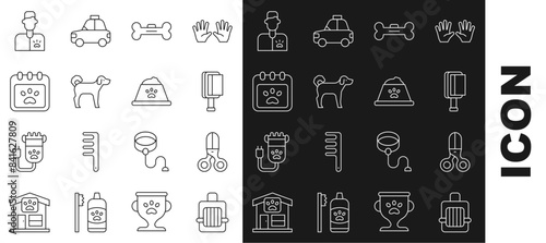 Set line Pet carry case, Scissors hairdresser, Hair brush for dog and cat, Dog bone, Calendar grooming, Veterinarian doctor and food bowl icon. Vector