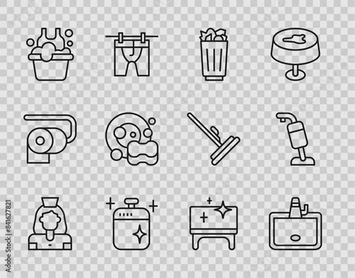 Set line Cleaning lady service, Washbasin, Full trash can, cooking pot, Basin with soap suds, Washing dishes, table and Vacuum cleaner icon. Vector