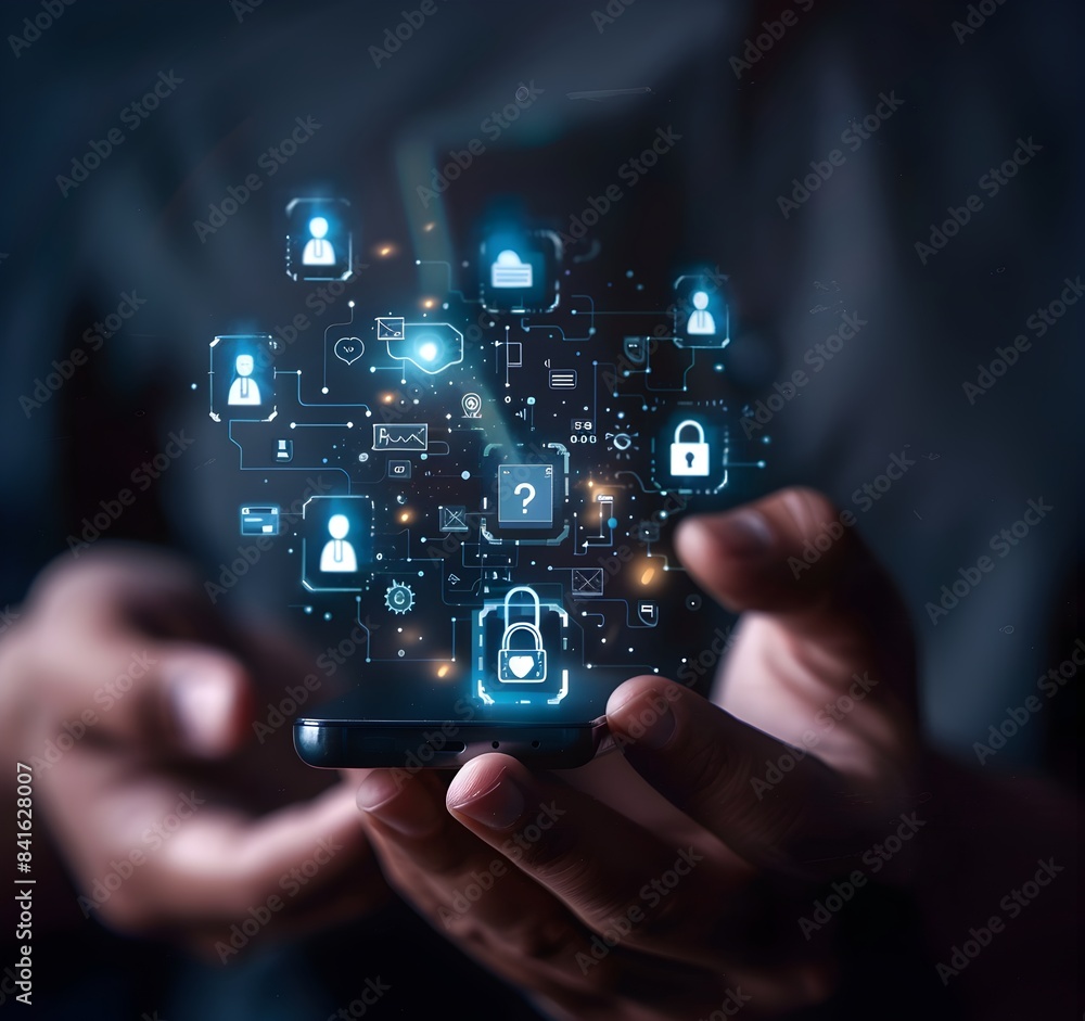A person holds a smartphone with security icons floating above it, symbolizing the idea of data protection and cyber safety in modern technology A person holds a smartphone with security icons floating above it, symbolizing the idea of data protection and cyber safety in modern technology
