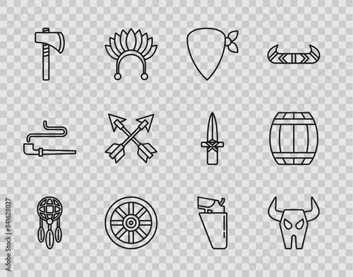Set line Dream catcher with feathers, Buffalo skull, Cowboy bandana, Old wooden wheel, Tomahawk axe, Crossed arrows, Revolver gun in holster and Gun powder barrel icon. Vector