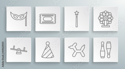 Set line Seesaw, Circus ticket, Party hat, Balloon dog, Bowling pin, Magic wand, Ferris wheel and Festive mask icon. Vector