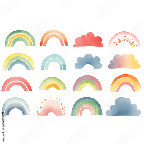 Watercolor set of rainbow illustrations isolated on white background.