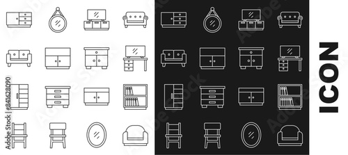 Set line Armchair, Library bookshelf, TV table stand, Wardrobe, Sofa, Chest drawers and Furniture nightstand icon. Vector
