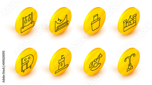 Set line Street light, Horse in saddle swing, Sand tower, Kid playground slide pipe, castle, bucket, Skate park and Gymnastic rings icon. Vector