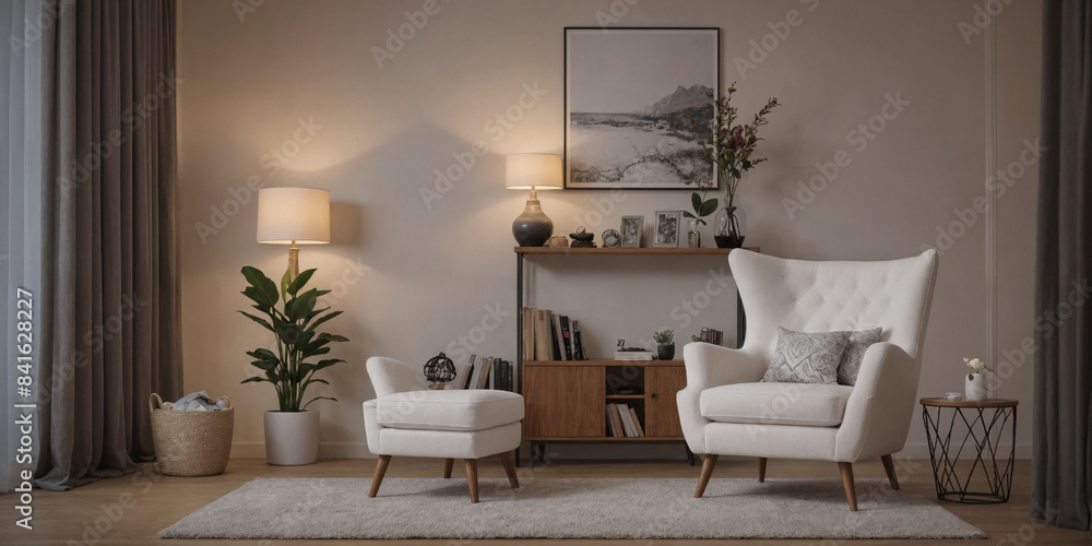 Obraz premium Modern retro concept of home interior at night with design sofa, armchair, coffee table, plants, carpet and personal accessoreis. Stylish home decor of living room.