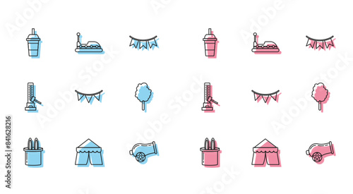 Set line Magician hat and rabbit ears, Circus tent, Paper glass with drinking straw water, Cannon, Carnival garland flags, Cotton candy, High striker attraction big hammer and Bumper car icon. Vector