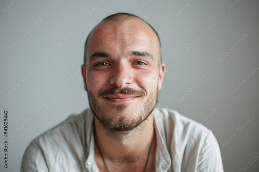 A close up portrait of a young man with a subtle smile A close up portrait of a young man with a subtle smile