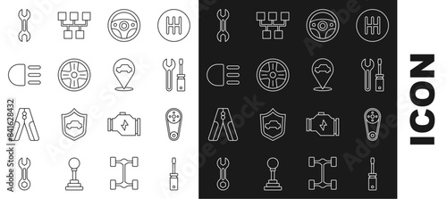 Set line Screwdriver, Timing belt kit, and wrench spanner, Steering wheel, Alloy, High beam, Wrench and Location with car service icon. Vector