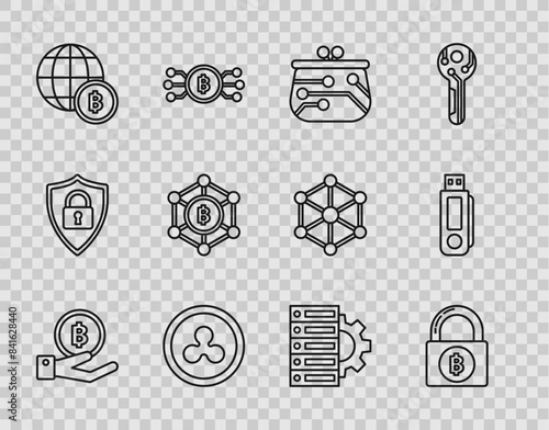 Set line Hand holding Bitcoin, Lock with bitcoin, Cryptocurrency wallet, Ripple XRP, Globe cryptocurrency, Blockchain technology, Server gear and USB flash drive icon. Vector