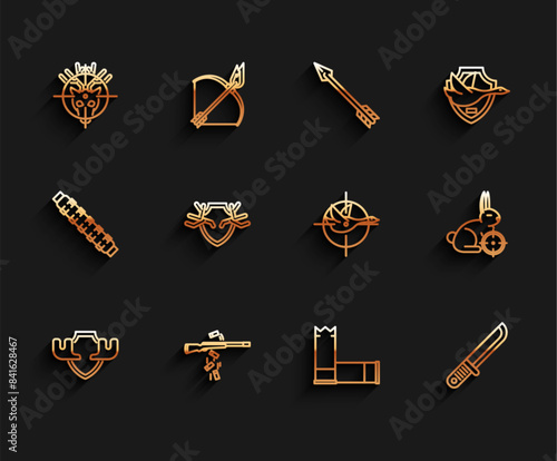 Set line Moose horns on shield, Gun shooting, Hunt deer with crosshairs, Cartridges, Hunter knife, Deer antlers, rabbit and duck icon. Vector