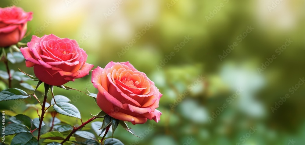 Rose bushes with buds in the garden on a blurred background Rose bushes with buds in the garden on a blurred background