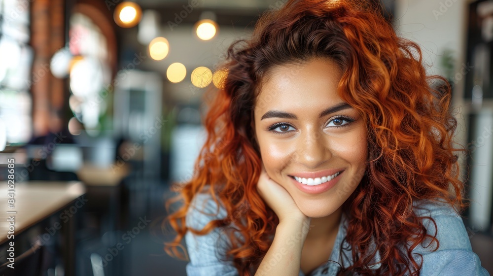 A young woman with fiery red curls smiles warmly, sitting in a dimly lit cafe A young woman with fiery red curls smiles warmly, sitting in a dimly lit cafe