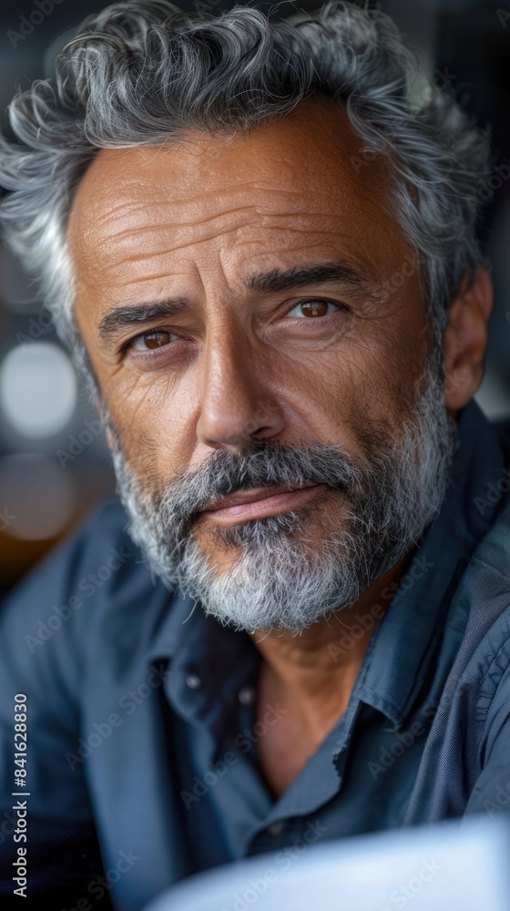 A close-up portrait of a mature man with salt-and-pepper hair and a thoughtful expression A close-up portrait of a mature man with salt-and-pepper hair and a thoughtful expression