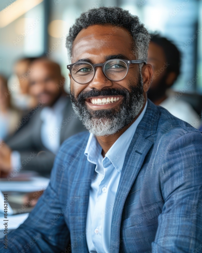 A businessman with a warm smile sits in a modern office setting, showcasing confidence and professionalism A businessman with a warm smile sits in a modern office setting, showcasing confidence and professionalism
