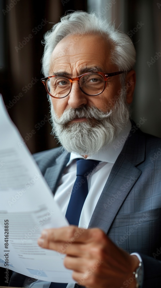 An older gentleman with a white beard and glasses meticulously reviews papers in his study An older gentleman with a white beard and glasses meticulously reviews papers in his study