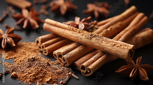 cinnamon sticks with cinnamon on a black background