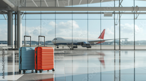 Several suitcases standing on a sleek airport floor, with an airplane taxiing outside and clear copy space for vacation advertising.