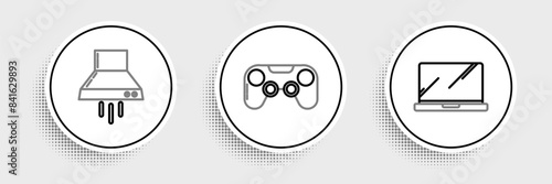 Set line Laptop, Kitchen extractor fan and Gamepad icon. Vector