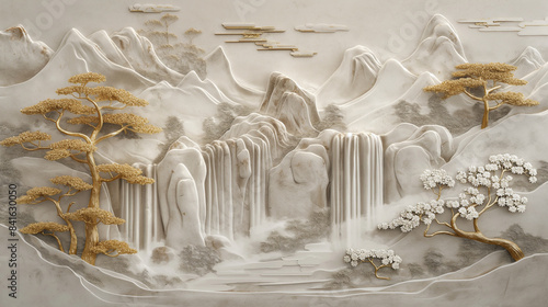 Elegant volumetric stucco on a concrete wall with gold highlights, illustrating a serene Japanese scenery with waterfalls, mountain peaks, and sakura in bloom.