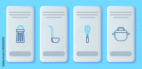 Set line Kitchen ladle, whisk, Salt and Cooking pot icon. Vector