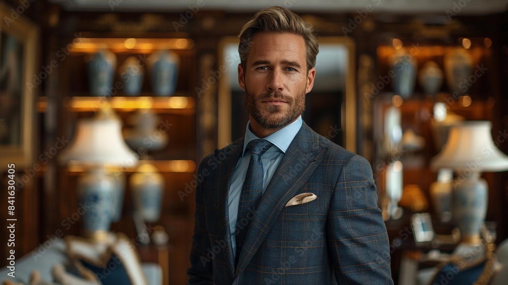 Businessman poses in elegant room with sophisticated decor portrait image. Caucasian male. Luxury lifestyle picture photorealistic photography. Professional concept photo realistic Businessman poses in elegant room with sophisticated decor portrait image. Caucasian male. Luxury lifestyle picture photorealistic photography. Professional concept photo realistic