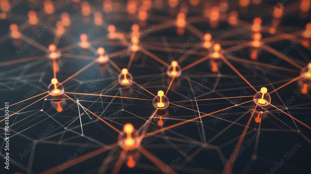 Fototapeta premium A visually striking network of professional connections, with interconnected nodes glowing against a dark background, symbolizing business networking.