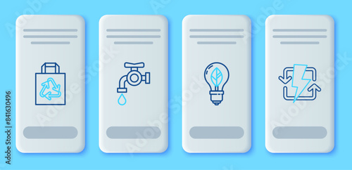 Set line Water tap, Light bulb with leaf, Paper shopping bag recycle and Recharging icon. Vector
