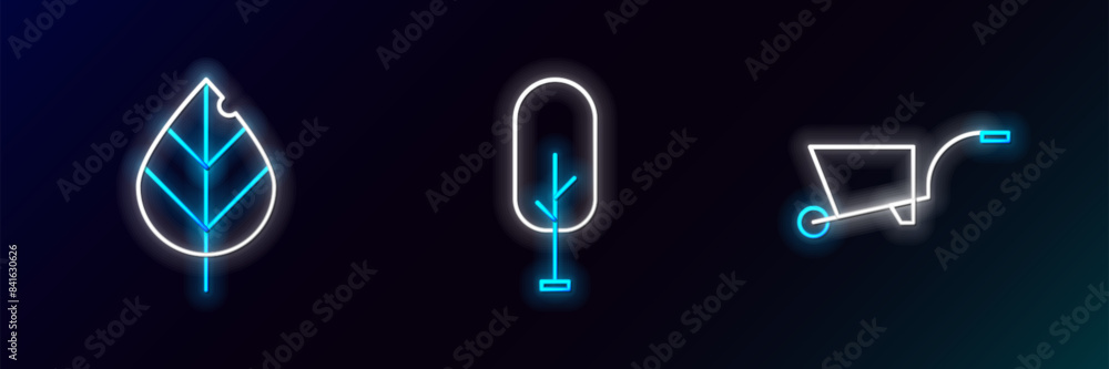 Set line Wheelbarrow, Leaf and Tree icon. Glowing neon. Vector Set line Wheelbarrow, Leaf and Tree icon. Glowing neon. Vector