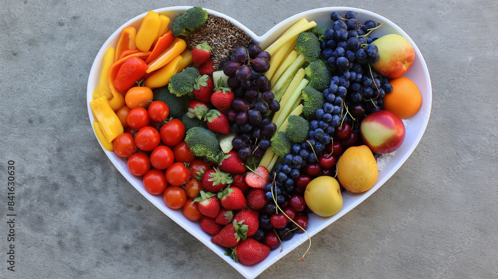A lively heart-shaped bowl filled with a rainbow of fresh fruits, vegetables, and whole grains, promoting heart health and supporting cardiovascular wellness. A lively heart-shaped bowl filled with a rainbow of fresh fruits, vegetables, and whole grains, promoting heart health and supporting cardiovascular wellness.