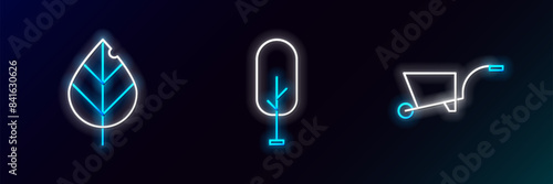 Set line Wheelbarrow, Leaf and Tree icon. Glowing neon. Vector