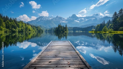 A serene mountain lake with a wooden dock and reflections of majestic peaks. 